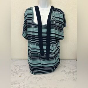 Lavish Top Womens Sz 3X Green Stretchy Blouse Boho Short Sleeve  Neck Tie Top​